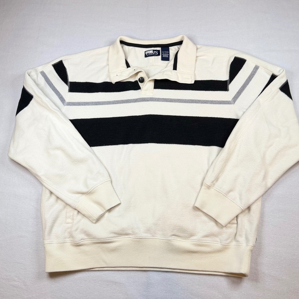 Chaps Mens XL Polo Sweatshirt Cream Black Striped Long Sleeve Pullover Pockets